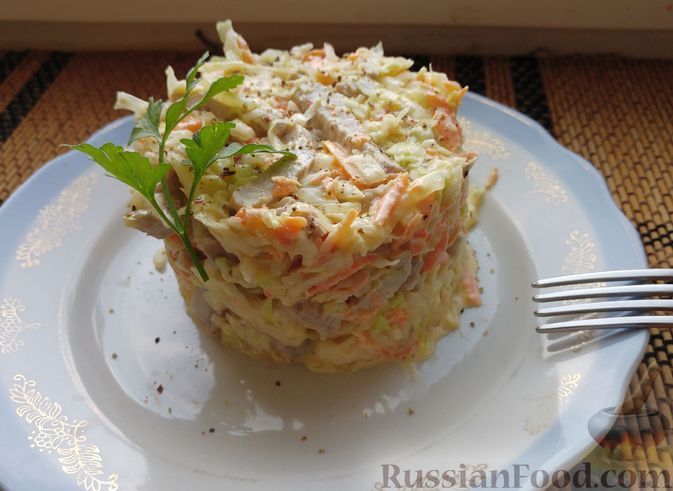 Фото к рецепту: Мясной салат с капустой, морковью и луком