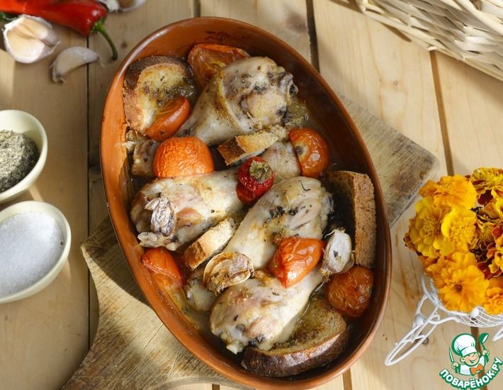 Рецепт: Ароматная курица, запечённая с хлебом