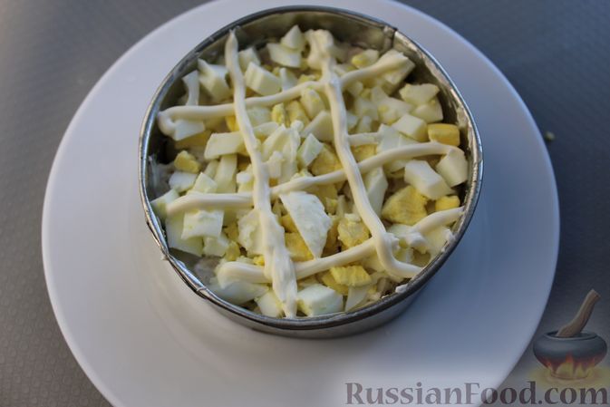 Фото приготовления рецепта: Слоёный салат с курицей, черносливом и грибами - шаг №15