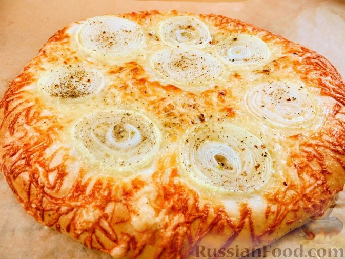 Фото к рецепту: Лепёшка из дрожжевого теста на кефире, с сыром и луком