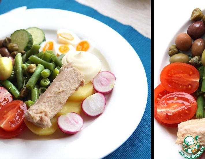 Рецепт: Салат с тунцом, спаржевой фасолью, картофелем