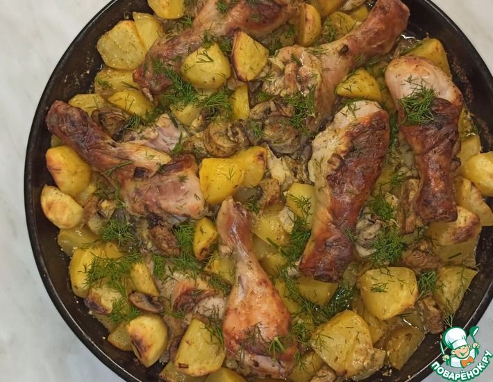 Рецепт: Курица с картошкой и грибами в духовке