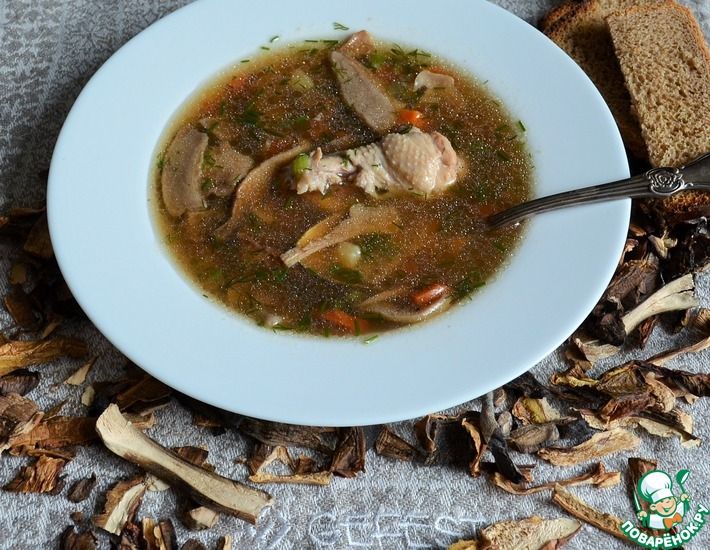 Рецепт: Куриный суп с сушёными белыми грибами