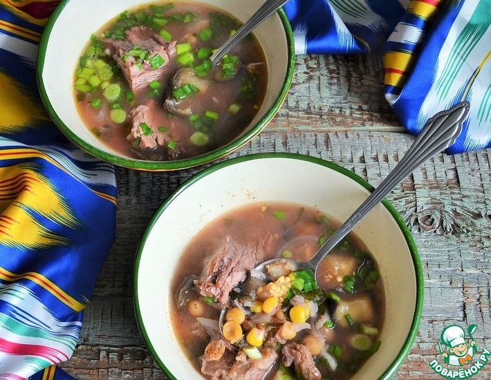 Рецепт: Мясной суп с баклажанами и нутом