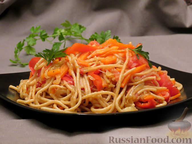 Фото к рецепту: Спагетти со сладким перцем и помидорами