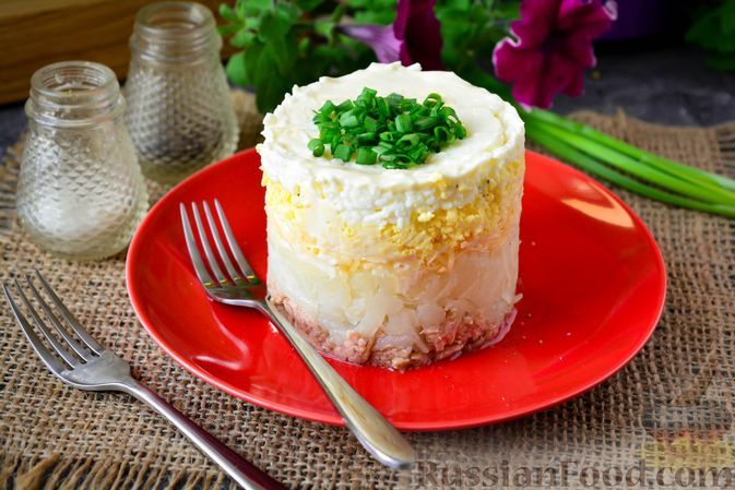 Фото к рецепту: Слоёный салат с тунцом, картофелем, сыром и яйцами