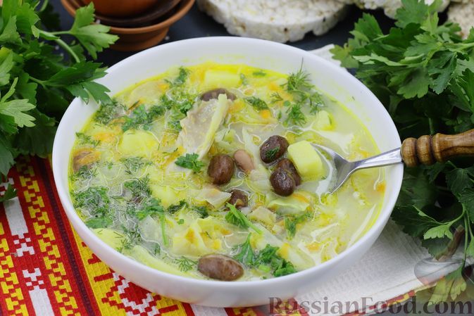 Фото к рецепту: Сырный суп с капустой, фасолью и курицей